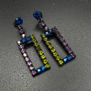 Mid-Century Japanned Rhinestone Geometric Multicolor Screwback Drop Earrings